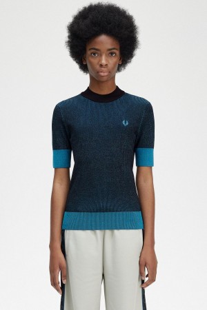 Fred Perry Contrast Rib Kort Sleeve Jumper Strikkevarer Dame Svarte | NODFL23009