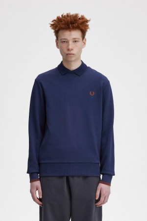 Fred Perry Crew Neck Gensere Herre Marineblå Brune | NOXBR87488