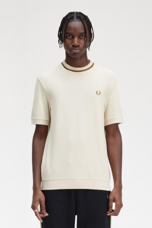 Fred Perry Crew Neck Piqué T-skjorte Herre Oatmeal | XNOGW98297