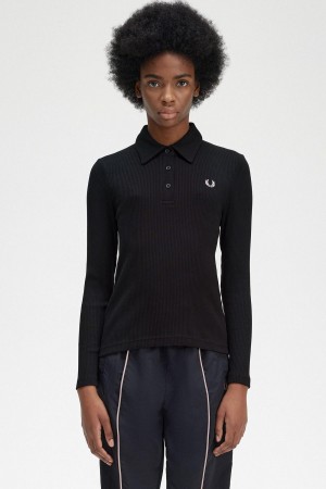 Fred Perry Long Sleeve Ribbet Polo T Skjorte Dame Svarte | DNOVO82068