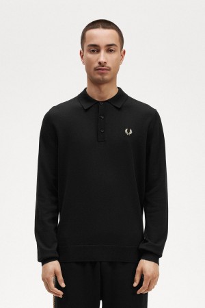 Fred Perry Long Sleeve Strikket Shirt Strikkevarer Herre Svarte | YNOVQ40913