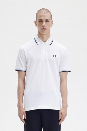 Fred Perry M12 Polo T Skjorte Herre Hvite Marineblå | DNOKV47849