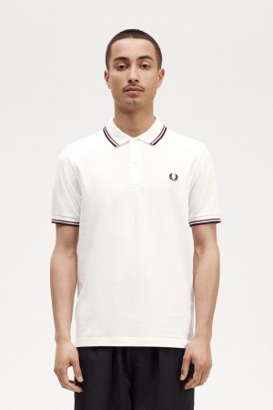 Fred Perry M3600 Polo T Skjorte Herre Hvite Rød Marineblå | TNOWZ93672