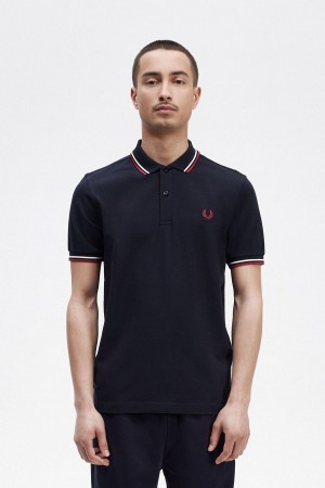 Fred Perry M3600 Polo T Skjorte Herre Marineblå Hvite Rød | NOEAH38163