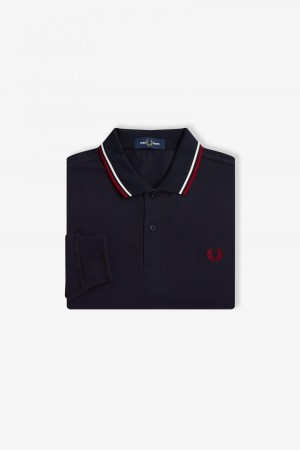 Fred Perry M3636 Fred Perry Shirt Herre Marineblå Hvite Rød | NODFL14665