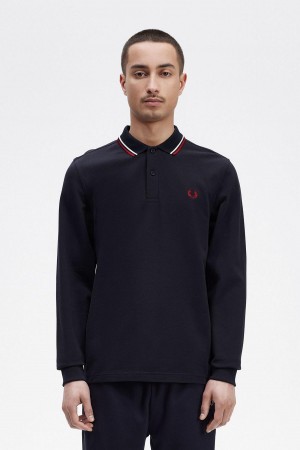 Fred Perry M3636 Polo T Skjorte Herre Marineblå Hvite Rød | FNOUI43093