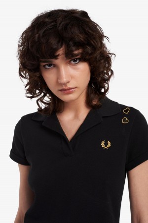 Fred Perry Open-Collar Piqué Polo T Skjorte Dame Svarte | FNOUI98942