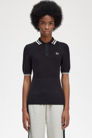 Fred Perry Open-Strikket Shirt Strikkevarer Dame Svarte | MNOHR73450