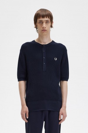 Fred Perry Ribbet Strikket Henley Top Strikkevarer Herre Marineblå | NOCVG79656