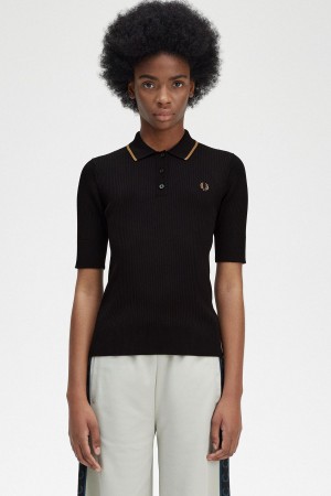 Fred Perry Ribbet Strikket Shirt Strikkevarer Dame Svarte | SNOVO41964