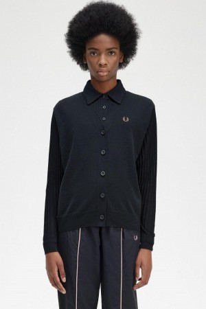 Fred Perry Sheer Sleeve Cardigan Strikkevarer Dame Svarte | NOJZR23386