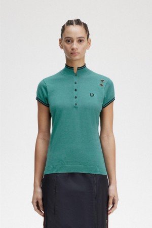 Fred Perry Strikket Shirt Strikkevarer Dame Dyp Mint | ZNONQ98561