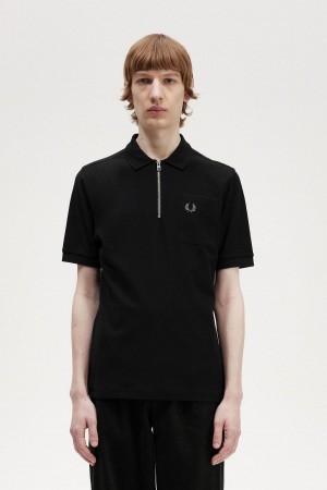 Fred Perry Textured Zip Neck Polo Shirt Polo T Skjorte Herre Svarte | NOQCS98477