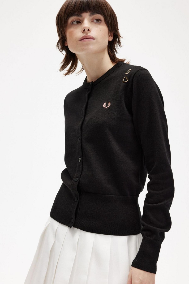 Fred Perry Button-Though Cardigan Strikkevarer Dame Svarte | ZNONQ96136