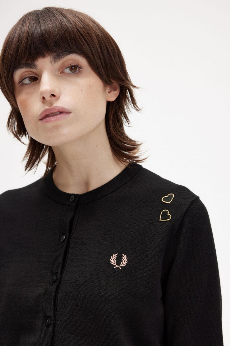 Fred Perry Button-Though Cardigan Strikkevarer Dame Svarte | ZNONQ96136