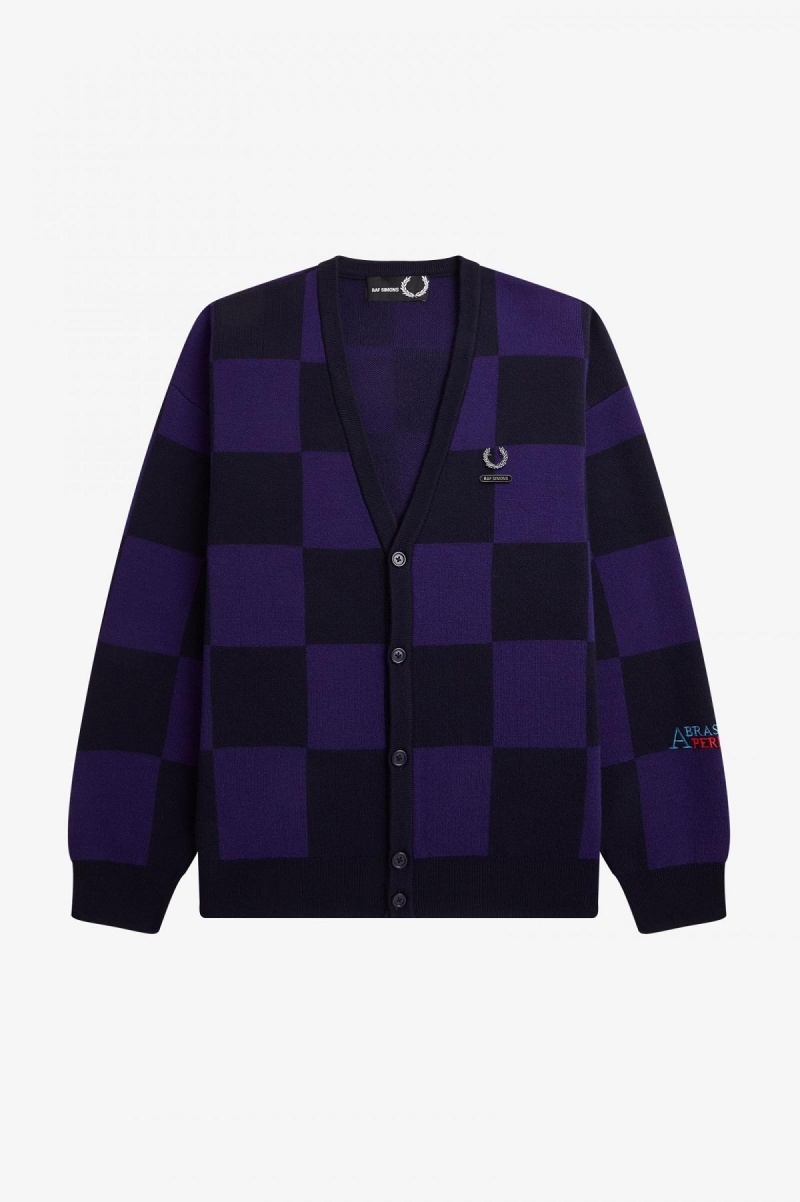 Fred Perry Chequerboard Cardigan Strikkevarer Herre Marineblå | DNOVO76264