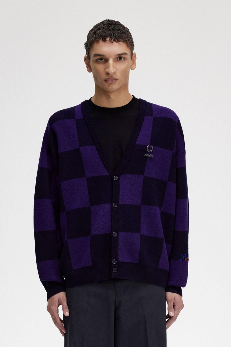 Fred Perry Chequerboard Cardigan Strikkevarer Herre Marineblå | DNOVO76264