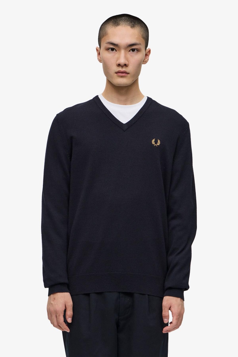 Fred Perry Classic V-Neck Jumper Strikkevarer Herre Marineblå | XNOGW51272