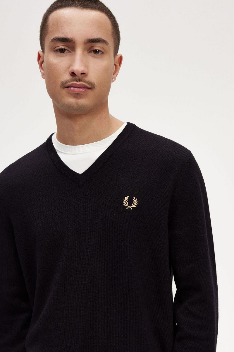 Fred Perry Classic V-Neck Jumper Strikkevarer Herre Svarte | SNOVO41546