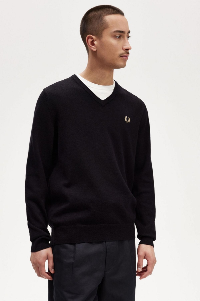 Fred Perry Classic V-Neck Jumper Strikkevarer Herre Svarte | SNOVO41546