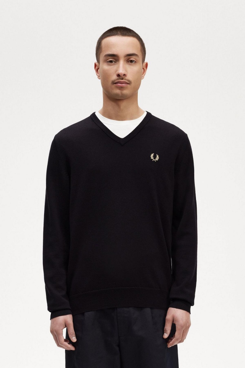 Fred Perry Classic V-Neck Jumper Strikkevarer Herre Svarte | SNOVO41546