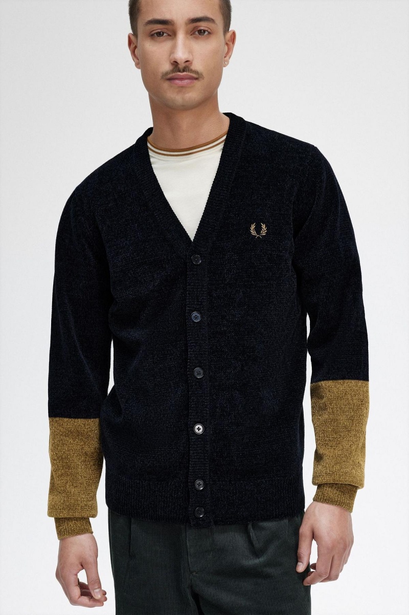 Fred Perry Colour Block Chenille Cardigan Strikkevarer Herre Svarte | NOCVG71572