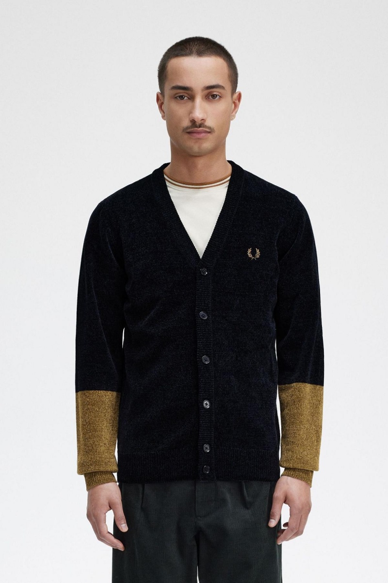 Fred Perry Colour Block Chenille Cardigan Strikkevarer Herre Svarte | NOCVG71572