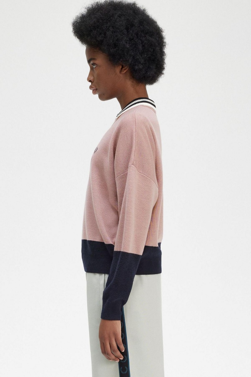 Fred Perry Colour Block Jumper Strikkevarer Dame Rosa Rosa | QNOUV80310