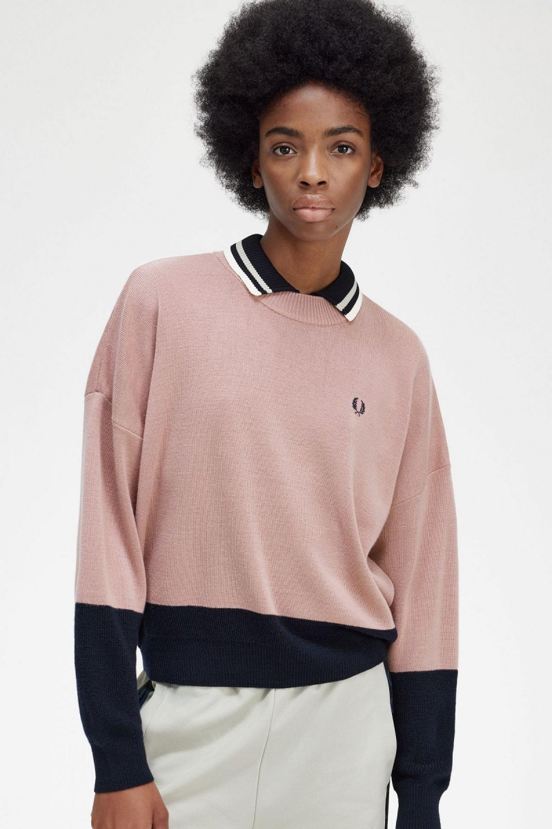 Fred Perry Colour Block Jumper Strikkevarer Dame Rosa Rosa | QNOUV80310