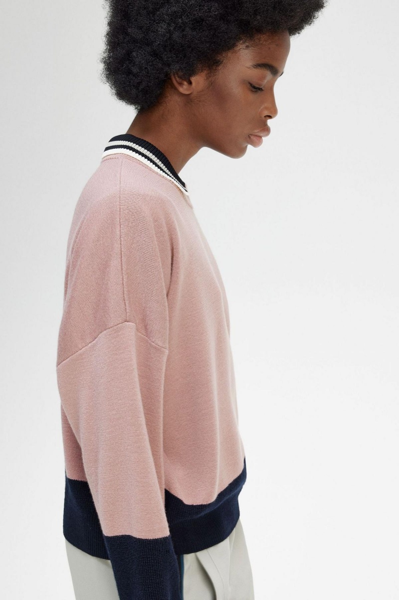 Fred Perry Colour Block Jumper Strikkevarer Dame Rosa Rosa | QNOUV80310