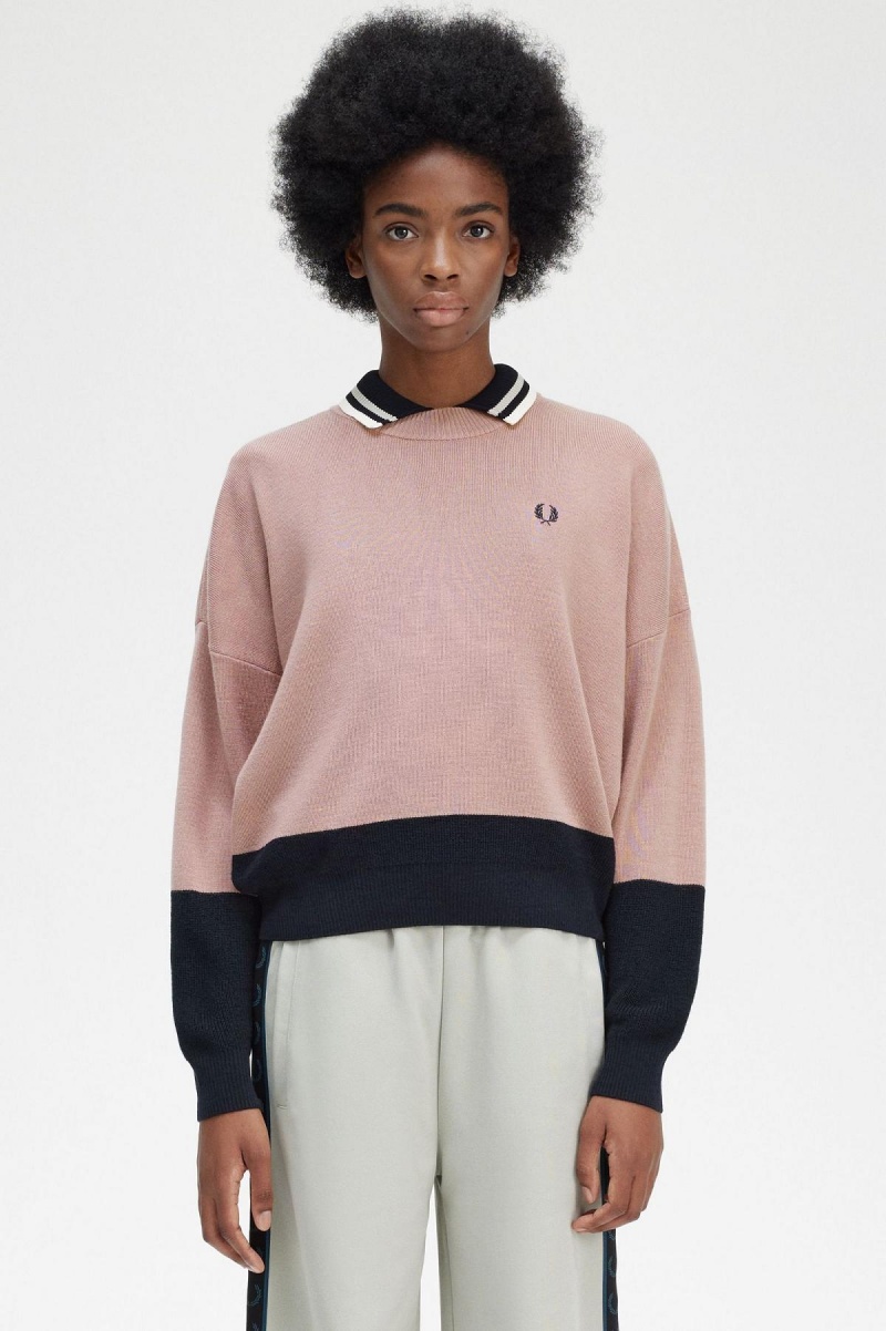 Fred Perry Colour Block Jumper Strikkevarer Dame Rosa Rosa | QNOUV80310