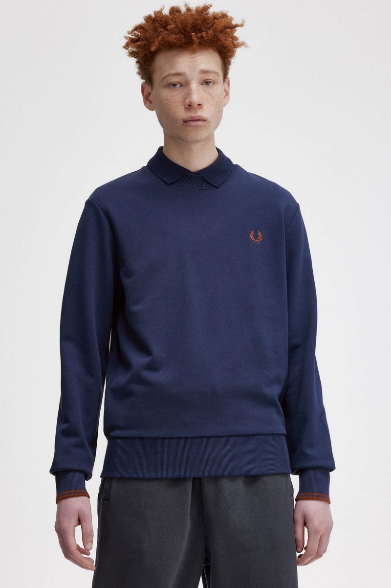 Fred Perry Crew Neck Gensere Herre Marineblå Brune | NOXBR87488