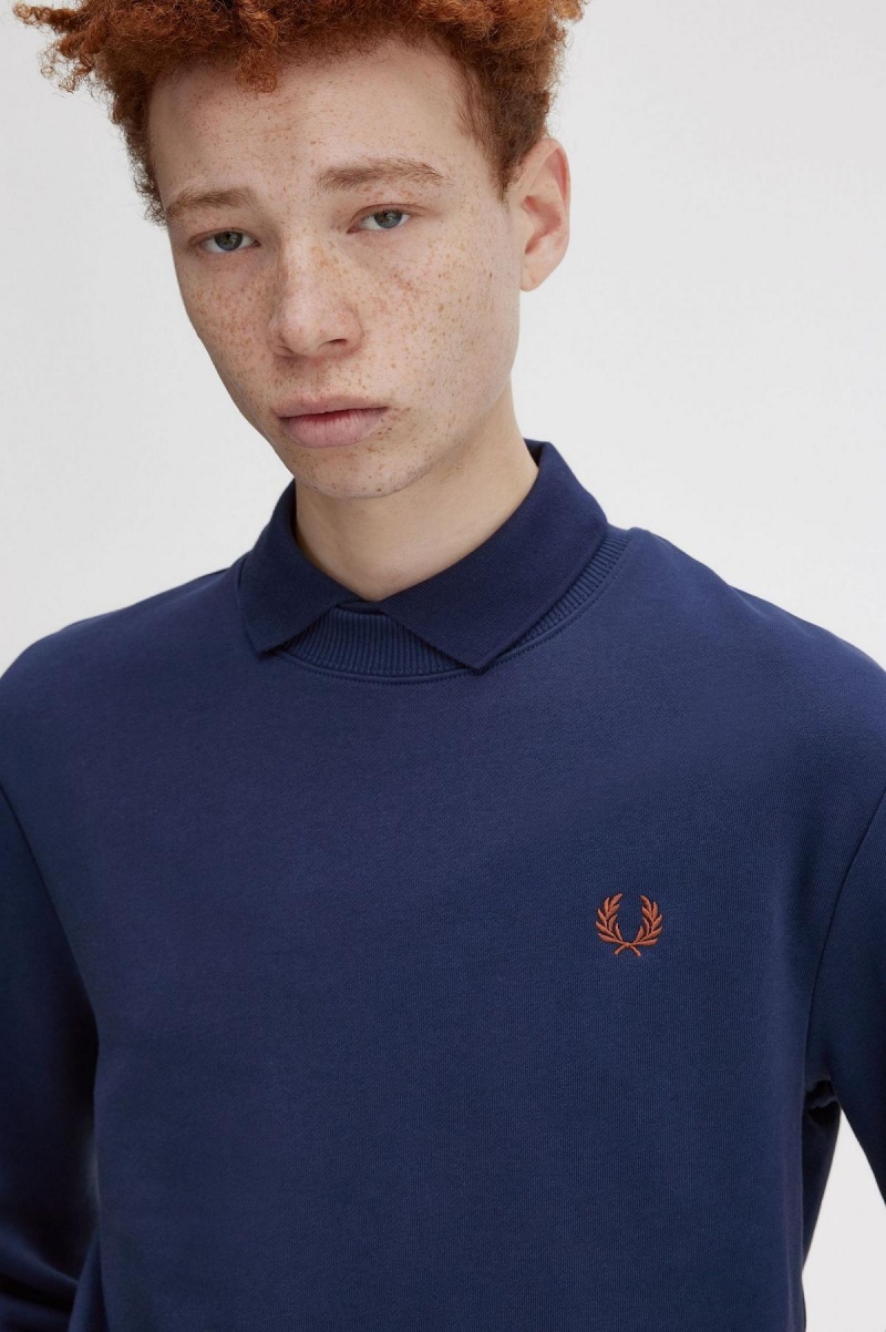 Fred Perry Crew Neck Gensere Herre Marineblå Brune | NOXBR87488