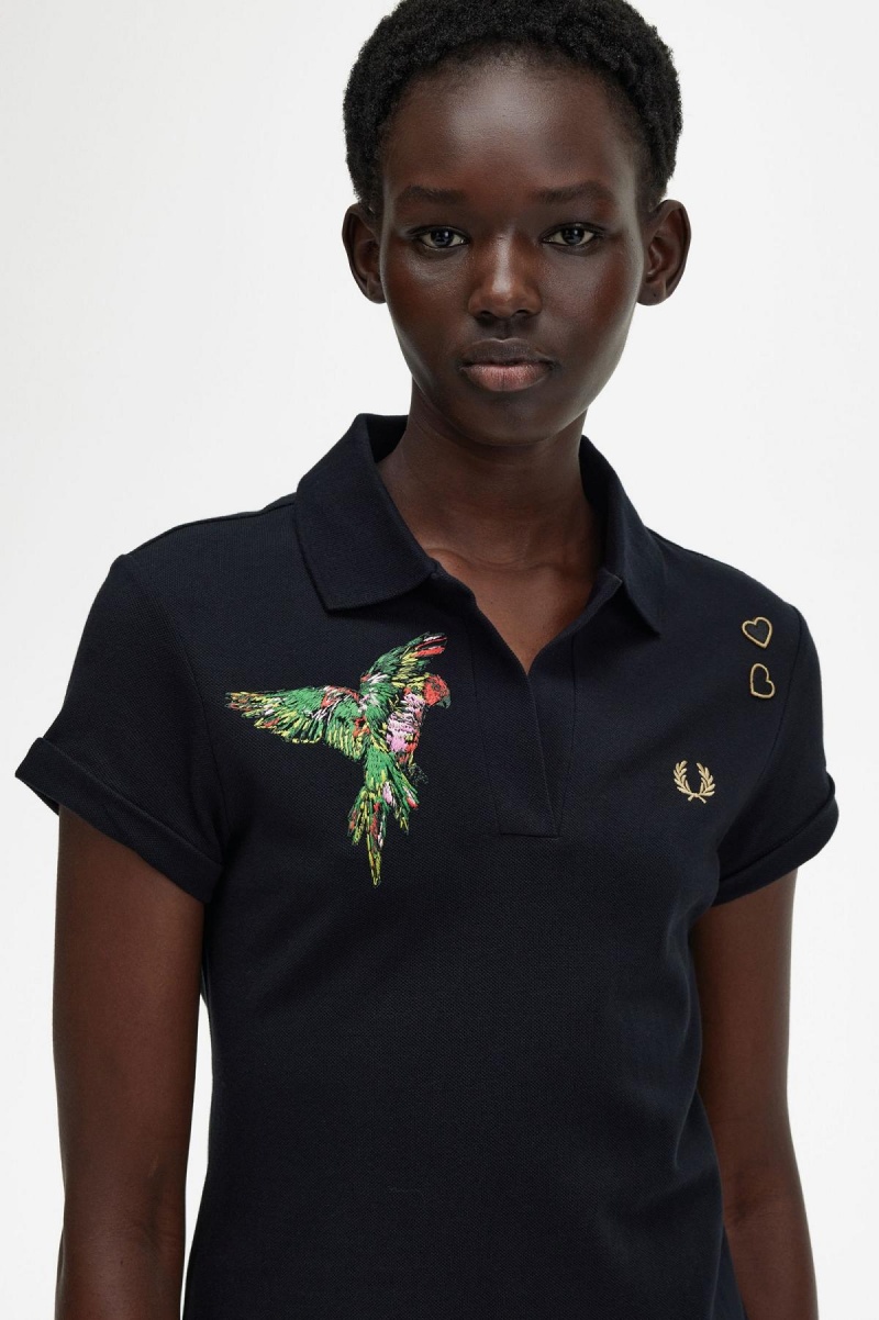 Fred Perry Embroidered Piqué Kjole Dame Svarte | YNOGT49329