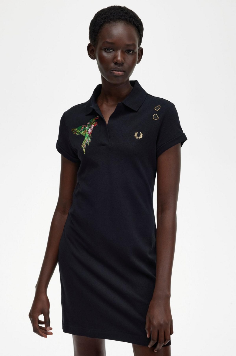 Fred Perry Embroidered Piqué Kjole Dame Svarte | YNOGT49329