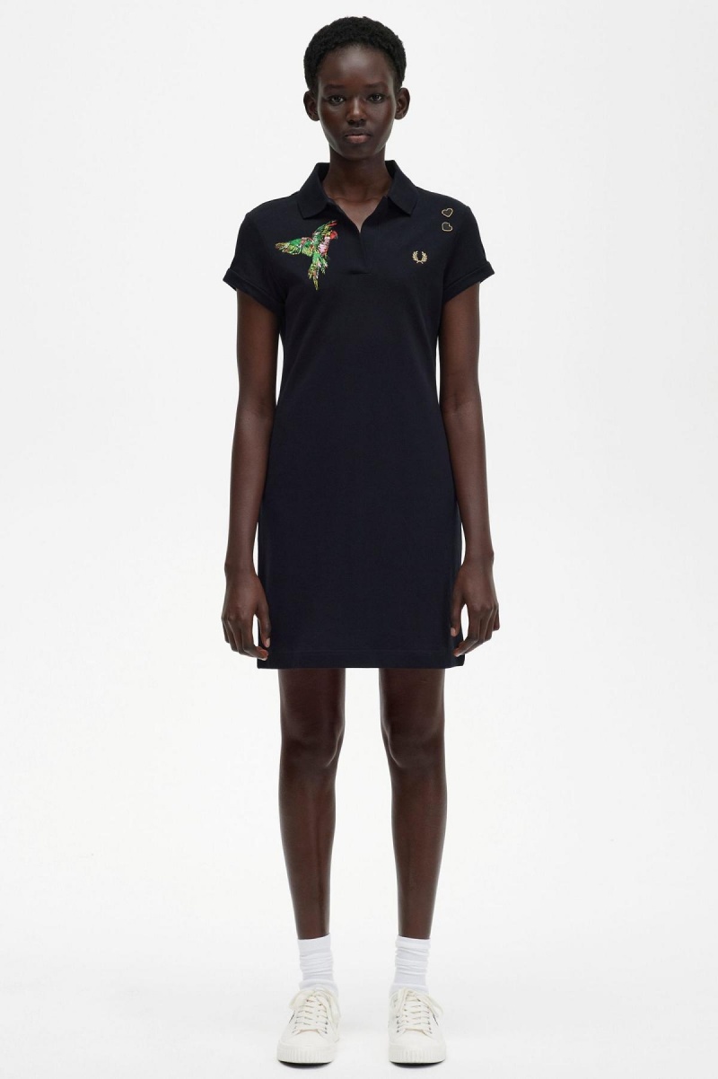 Fred Perry Embroidered Piqué Kjole Dame Svarte | YNOGT49329