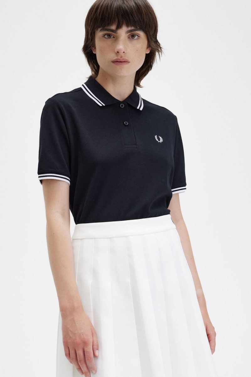 Fred Perry G3600 Fred Perry Shirt Dame Svarte Hvite Hvite | QNOUV63237