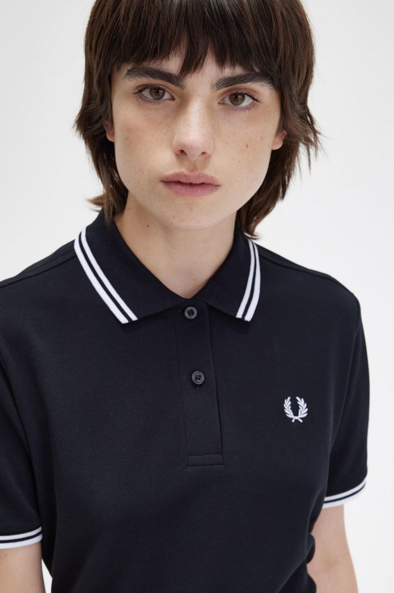 Fred Perry G3600 Fred Perry Shirt Dame Svarte Hvite Hvite | QNOUV63237