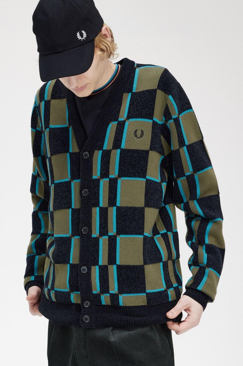 Fred Perry Glitch Chequerboard Cardigan Strikkevarer Herre Grønn Svarte | ENOVG93937