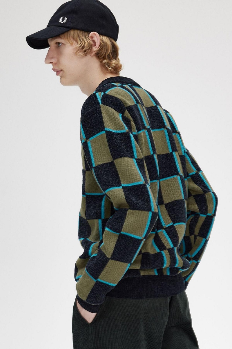 Fred Perry Glitch Chequerboard Cardigan Strikkevarer Herre Grønn Svarte | ENOVG93937