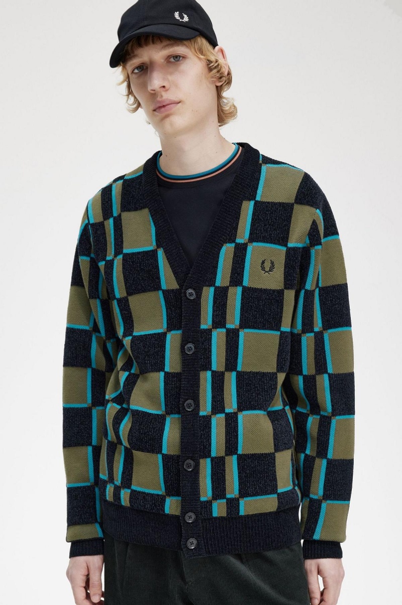 Fred Perry Glitch Chequerboard Cardigan Strikkevarer Herre Grønn Svarte | ENOVG93937