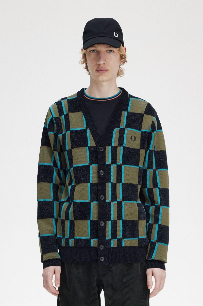 Fred Perry Glitch Chequerboard Cardigan Strikkevarer Herre Grønn Svarte | ENOVG93937