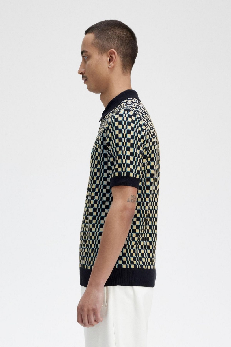 Fred Perry Glitch Chequerboard Strikket Shirt Strikkevarer Herre Lyse Svarte | ENOHC23872