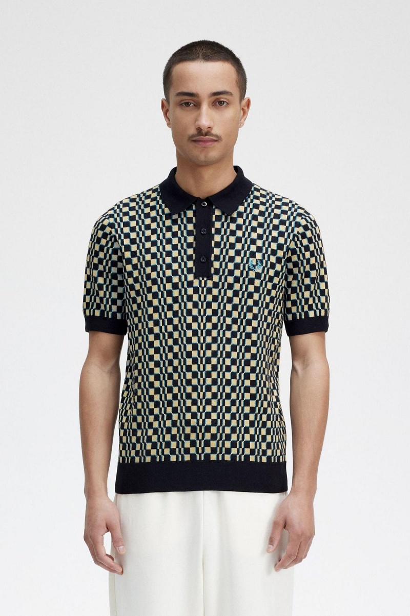 Fred Perry Glitch Chequerboard Strikket Shirt Strikkevarer Herre Lyse Svarte | ENOHC23872