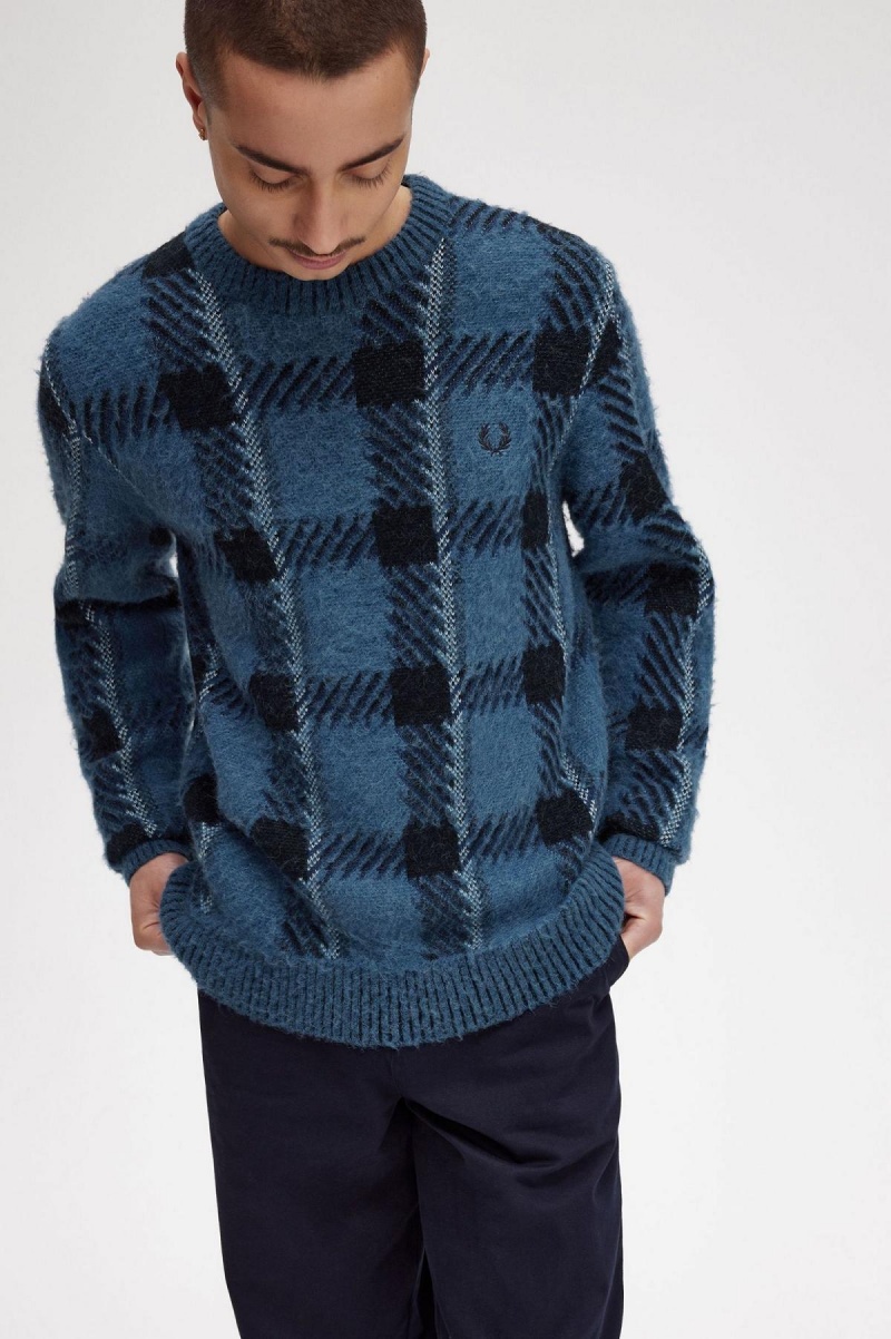 Fred Perry Glitch Tartan Jumper Strikkevarer Herre Blå | BNOSO16631