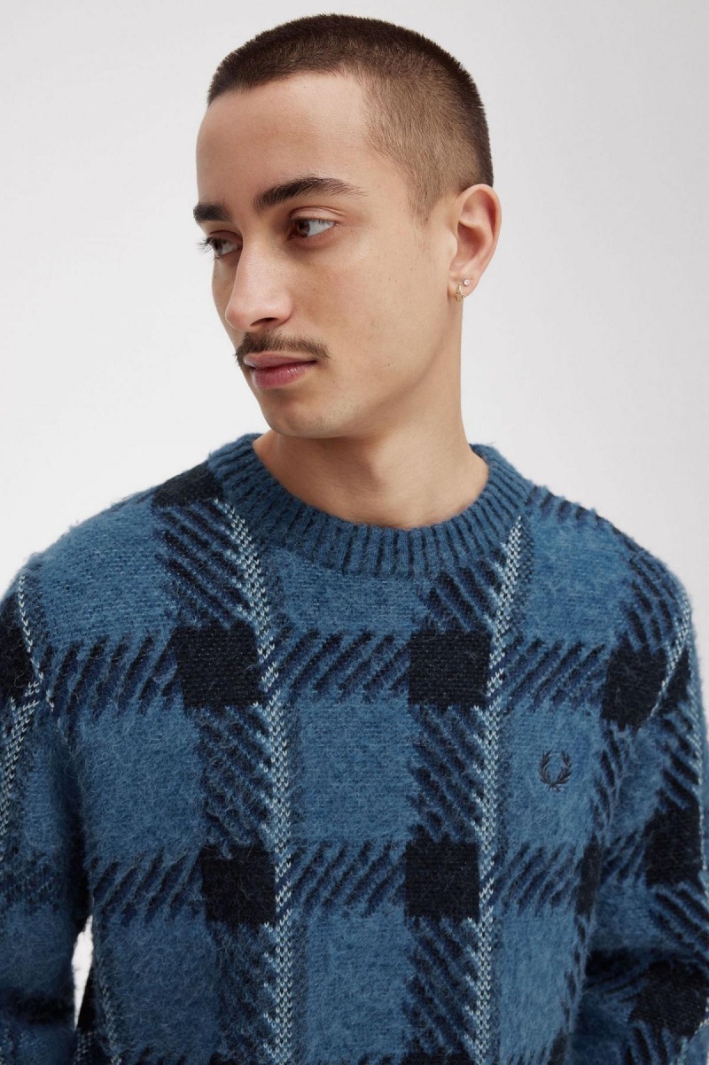 Fred Perry Glitch Tartan Jumper Strikkevarer Herre Blå | BNOSO16631