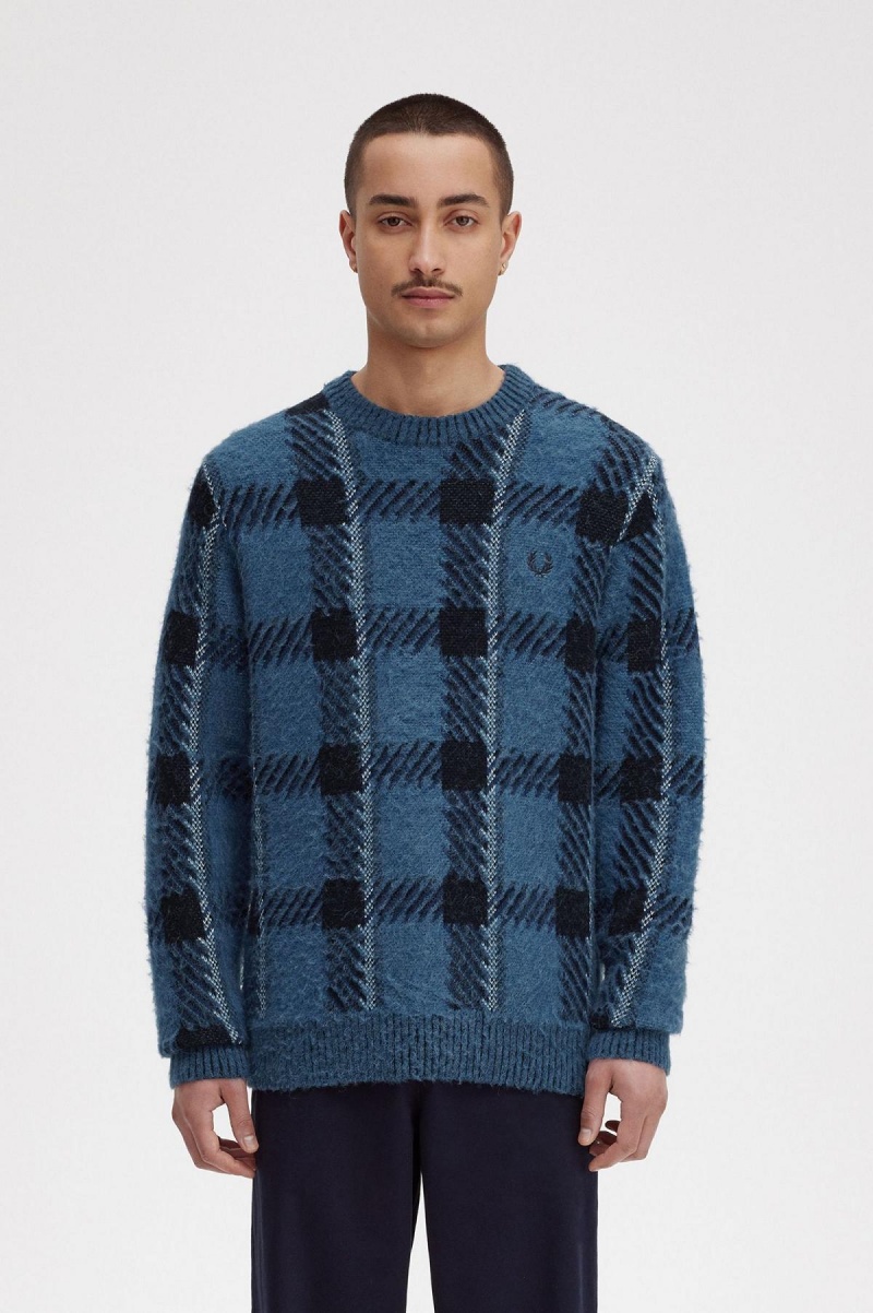 Fred Perry Glitch Tartan Jumper Strikkevarer Herre Blå | BNOSO16631