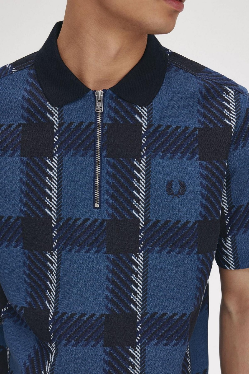 Fred Perry Glitch Tartan Zip Neck Polo Shirt Polo T Skjorte Herre Blå | SNOVO87195