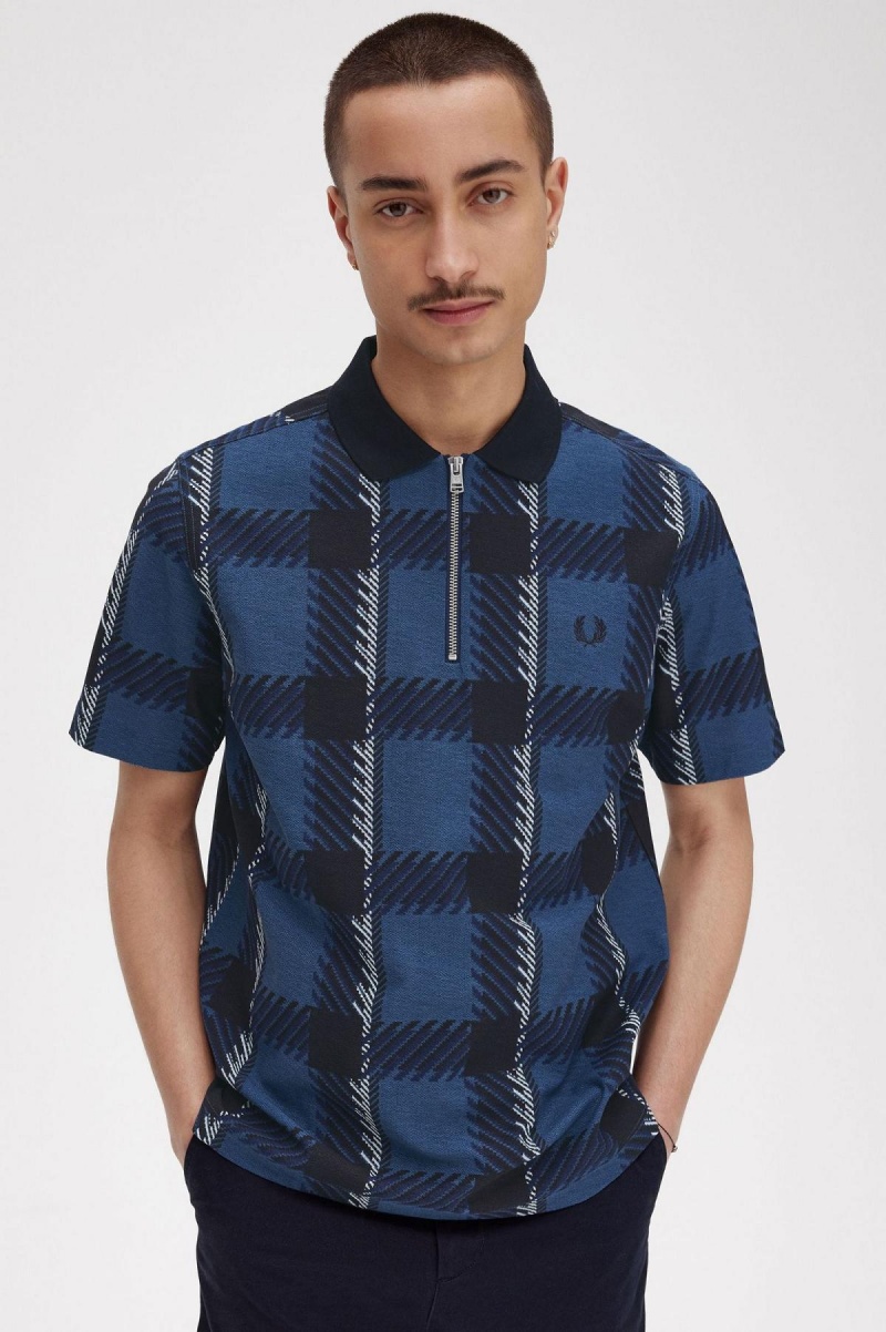 Fred Perry Glitch Tartan Zip Neck Polo Shirt Polo T Skjorte Herre Blå | SNOVO87195