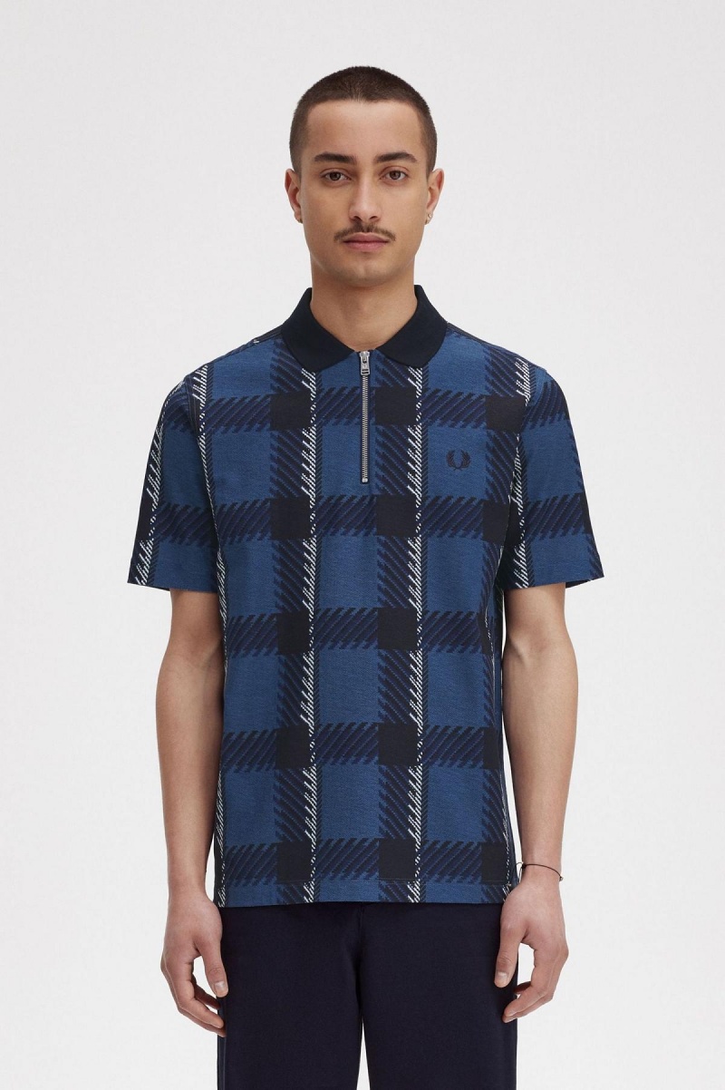 Fred Perry Glitch Tartan Zip Neck Polo Shirt Polo T Skjorte Herre Blå | SNOVO87195